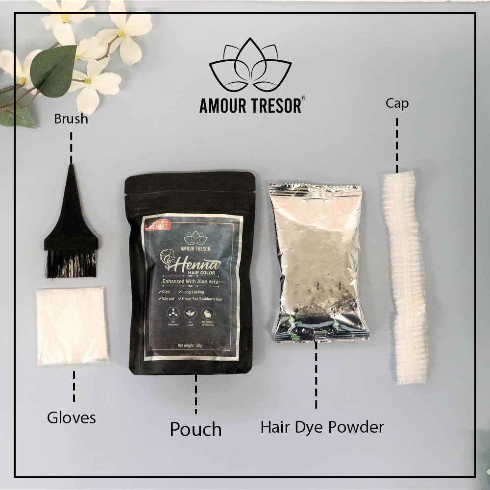brush, gloves, pouch, hair dye powder, cap, amour tresor,